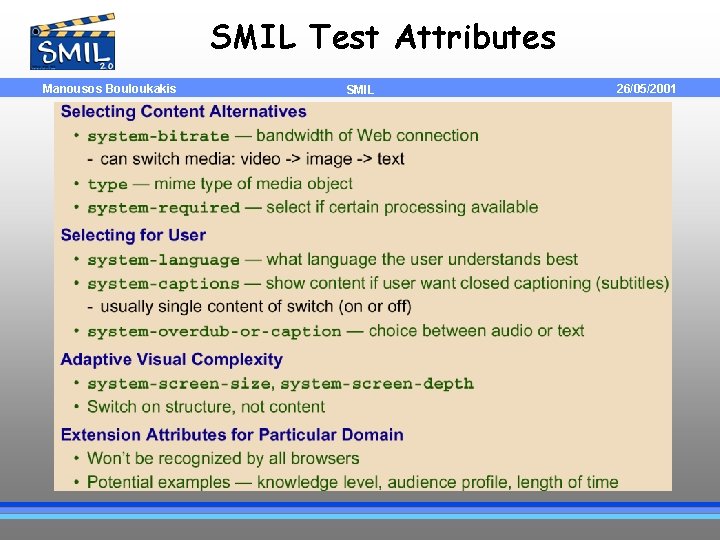 SMIL Test Attributes Manousos Bouloukakis SMIL 26/05/2001 