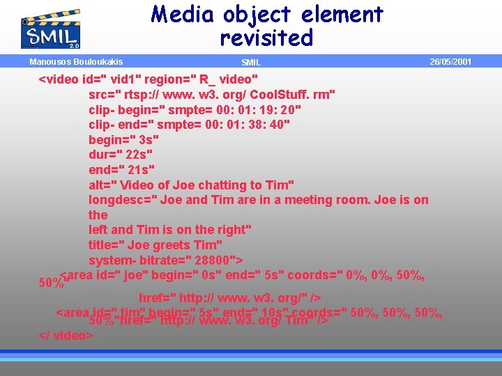 Media object element revisited Manousos Bouloukakis SMIL 26/05/2001 <video id=" vid 1" region=" R_
