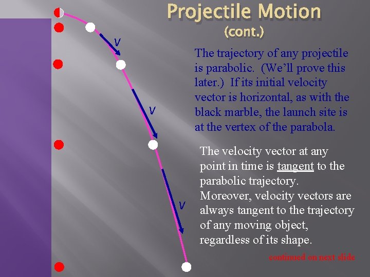 Projectile Motion (cont. ) The trajectory of any projectile is parabolic. (We’ll prove this