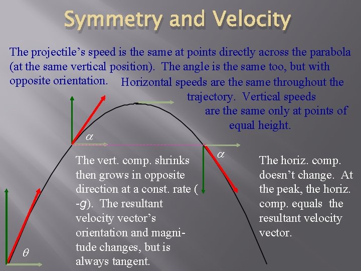 Symmetry and Velocity The projectile’s speed is the same at points directly across the