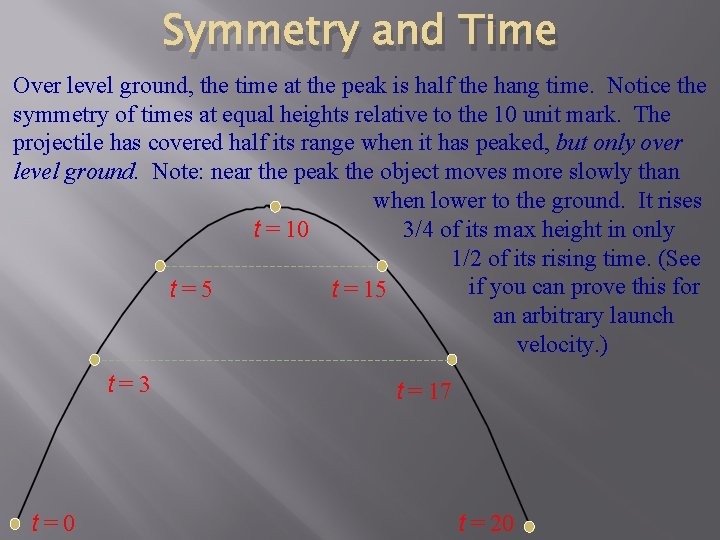 Symmetry and Time Over level ground, the time at the peak is half the