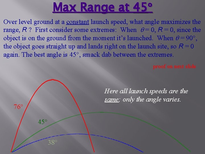 Max Range at 45 Over level ground at a constant launch speed, what angle