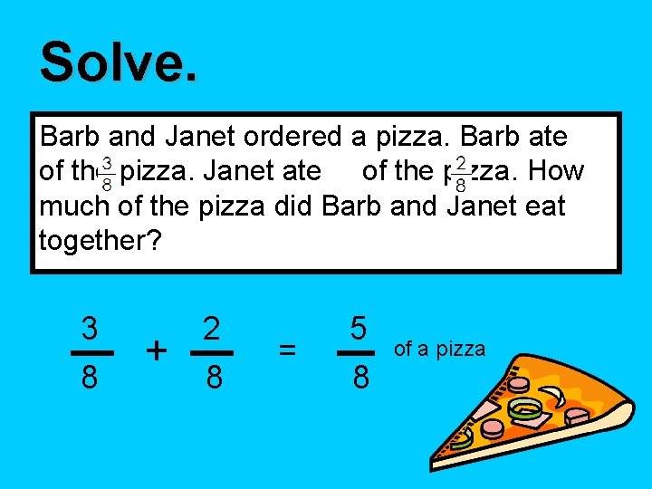 Solve. Barb and Janet ordered a pizza. Barb ate of the pizza. Janet ate