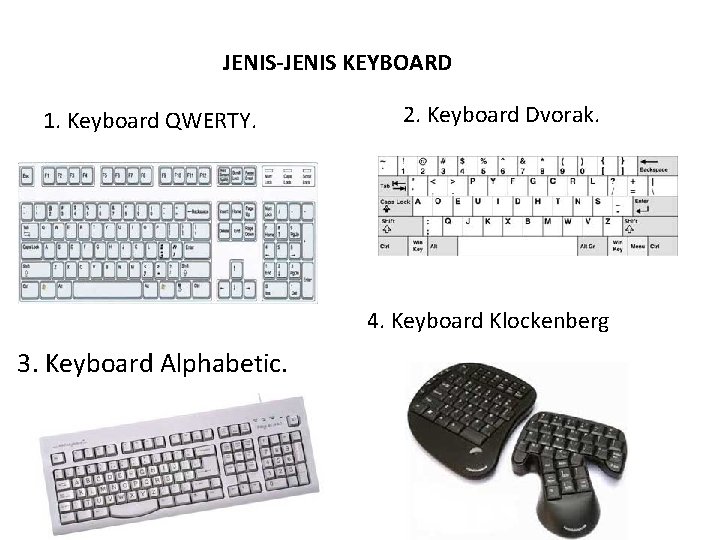 JENIS-JENIS KEYBOARD 1. Keyboard QWERTY. 2. Keyboard Dvorak. 4. Keyboard Klockenberg 3. Keyboard Alphabetic.