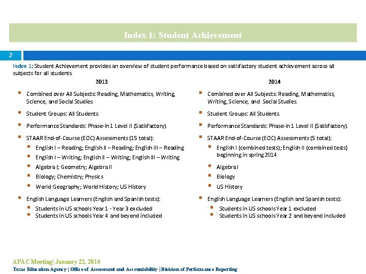 Index 1: Student Achievement 2 Index 1: Student Achievement provides an overview of student