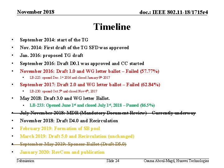 November 2018 doc. : IEEE 802. 11 -18/1715 r 4 Timeline • September 2014: