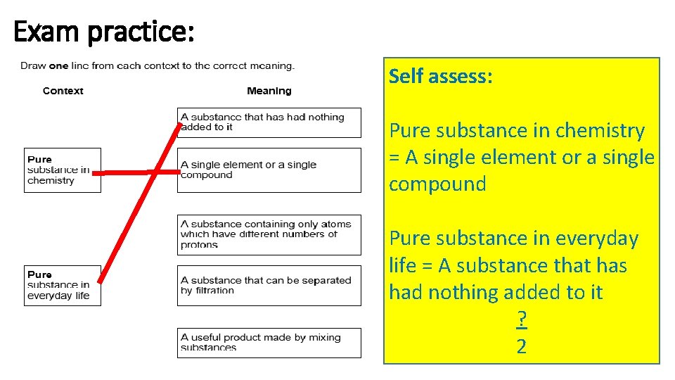 Exam practice: Self assess: Pure substance in chemistry = A single element or a