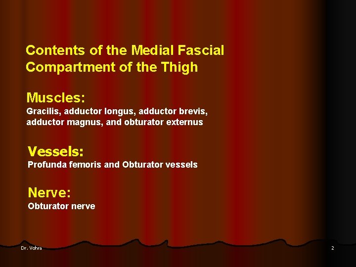 Contents of the Medial Fascial Compartment of the Thigh Muscles: Gracilis, adductor longus, adductor