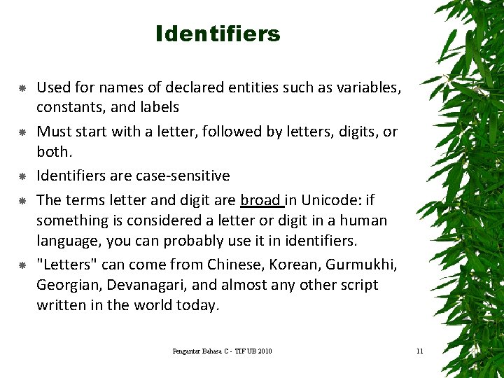 Identifiers Used for names of declared entities such as variables, constants, and labels Must Identifiers Used for names of declared entities such as variables, constants, and labels Must