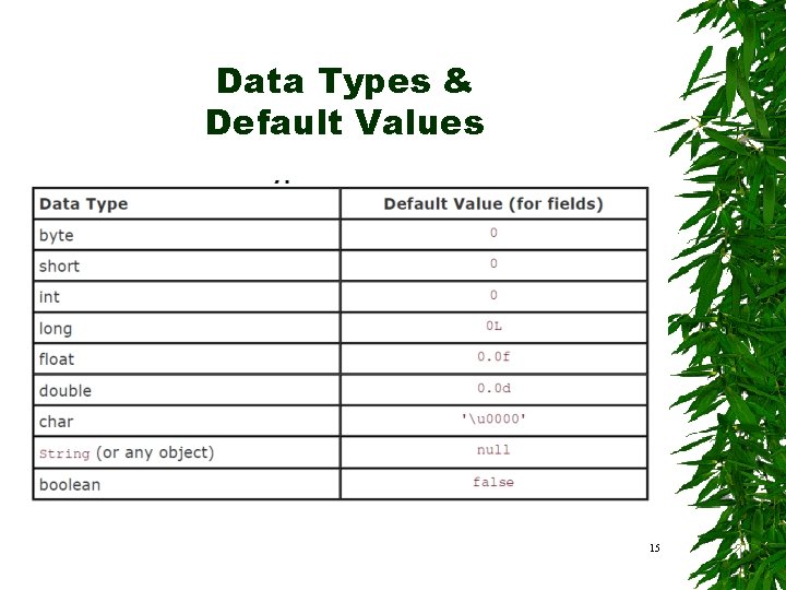 Data Types & Default Values 15 Data Types & Default Values 15