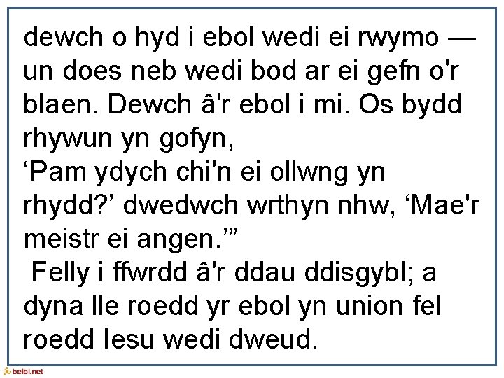 dewch o hyd i ebol wedi ei rwymo — un does neb wedi bod