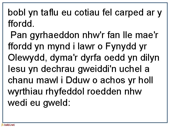 bobl yn taflu eu cotiau fel carped ar y ffordd. Pan gyrhaeddon nhw'r fan