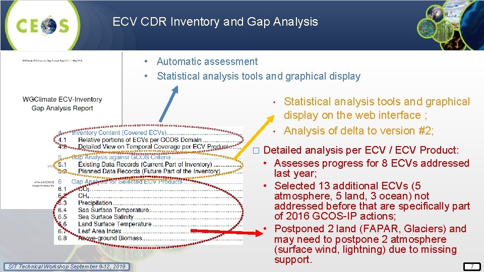 ECV CDR Inventory and Gap Analysis • Automatic assessment • Statistical analysis tools and