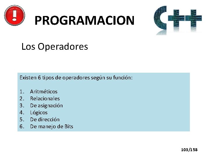 PROGRAMACION Los Operadores Existen 6 tipos de operadores según su función: 1. 2. 3.