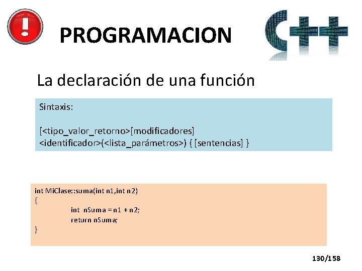 PROGRAMACION La declaración de una función Sintaxis: [<tipo_valor_retorno>[modificadores] <identificador>(<lista_parámetros>) { [sentencias] } int Mi.