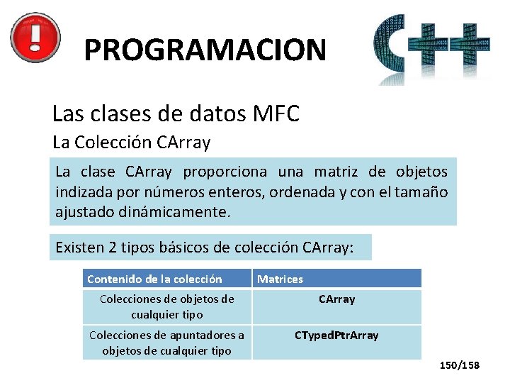 PROGRAMACION Las clases de datos MFC La Colección CArray La clase CArray proporciona una
