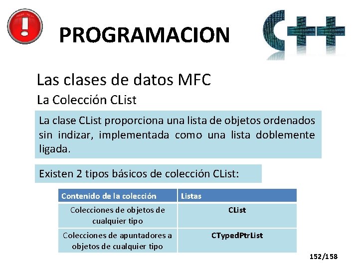 PROGRAMACION Las clases de datos MFC La Colección CList La clase CList proporciona una