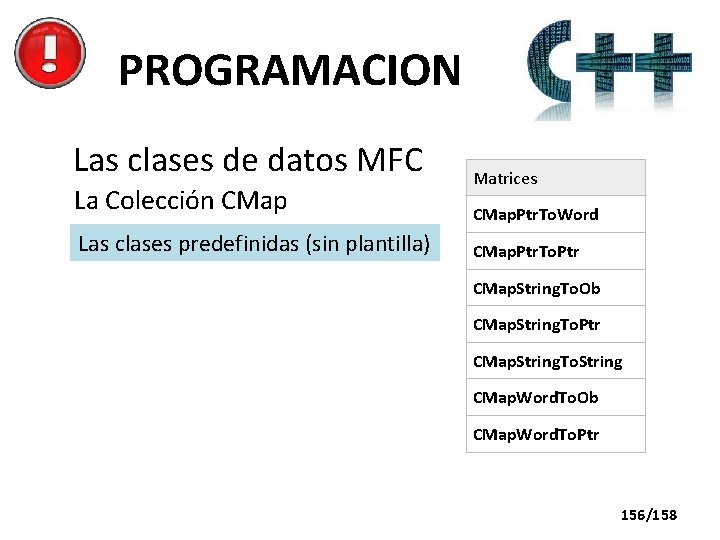 PROGRAMACION Las clases de datos MFC La Colección CMap Las clases predefinidas (sin plantilla)