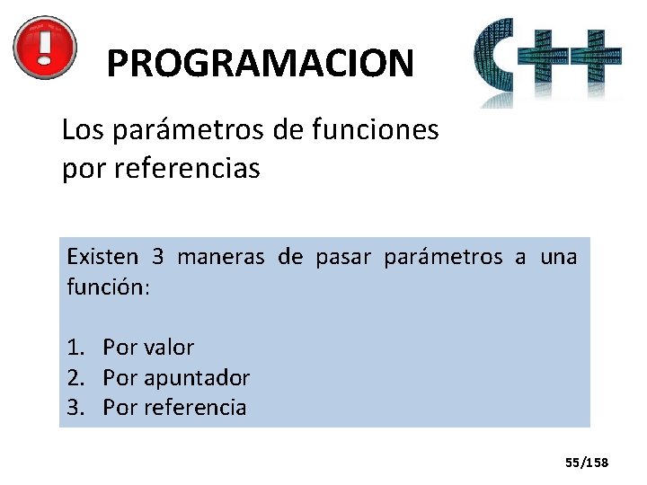 PROGRAMACION Los parámetros de funciones por referencias Existen 3 maneras de pasar parámetros a