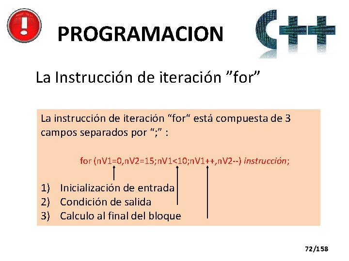 PROGRAMACION La Instrucción de iteración ”for” La instrucción de iteración “for“ está compuesta de