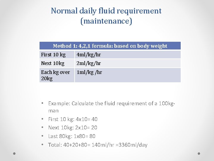 Normal daily fluid requirement (maintenance) Method 1: 4, 2, 1 formula: based on body