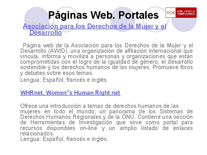 Páginas Web. Portales Asociación para los Derechos de la Mujer y el Desarrollo Página