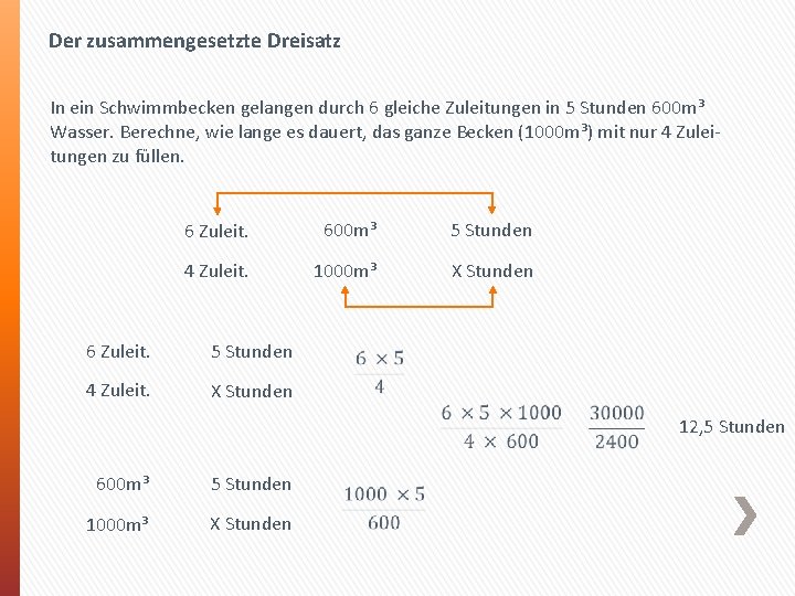 Der zusammengesetzte Dreisatz In ein Schwimmbecken gelangen durch 6 gleiche Zuleitungen in 5 Stunden