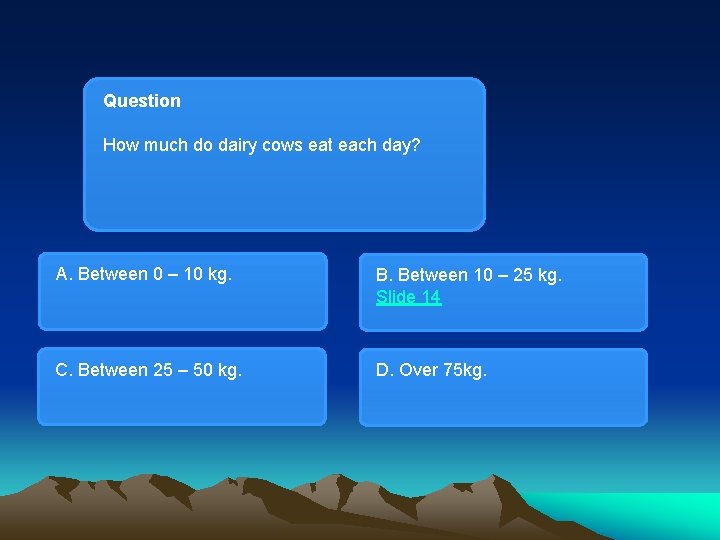 Question How much do dairy cows eat each day? A. Between 0 – 10