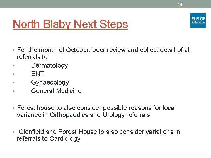 14 North Blaby Next Steps • For the month of October, peer review and