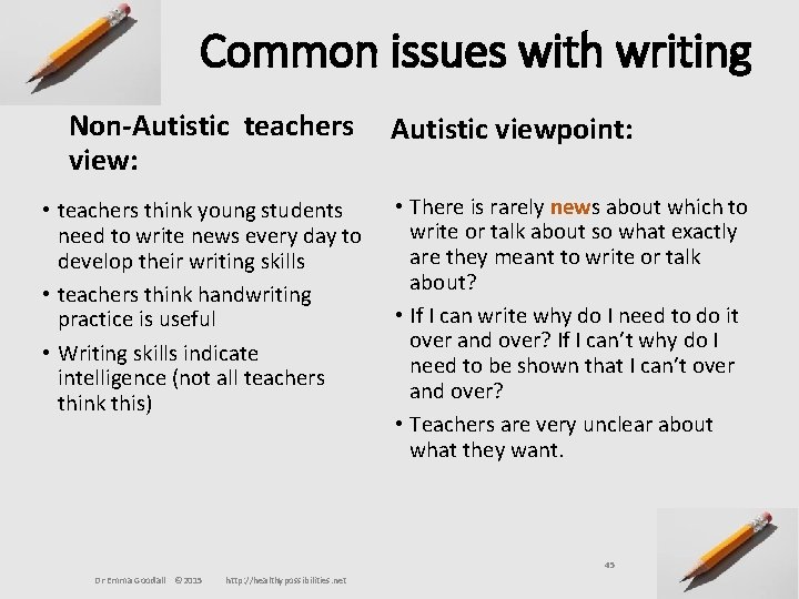 Common issues with writing Non-Autistic teachers view: • teachers think young students need to