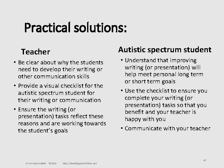 Practical solutions: Autistic spectrum student Teacher • Be clear about why the students need