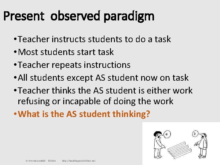 Present observed paradigm • Teacher instructs students to do a task • Most students