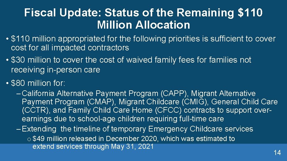 Fiscal Update: Status of the Remaining $110 Million Allocation • $110 million appropriated for