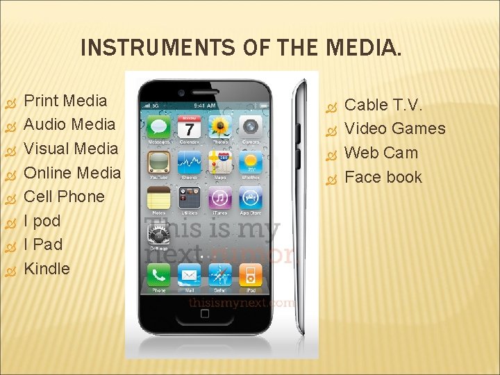 INSTRUMENTS OF THE MEDIA. Print Media Audio Media Visual Media Online Media Cell Phone