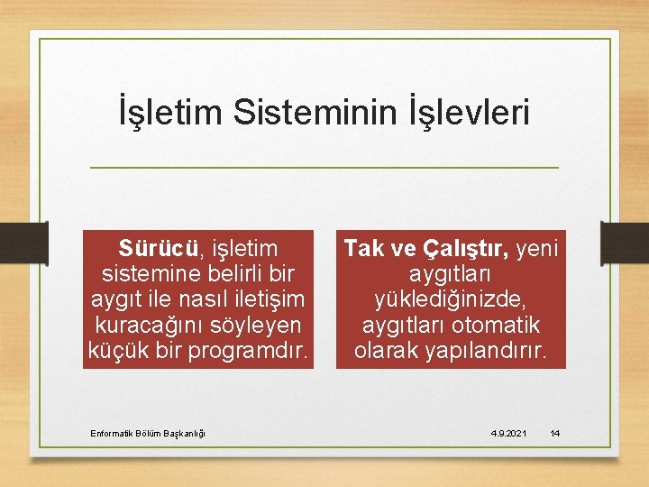 İşletim Sisteminin İşlevleri Sürücü, işletim sistemine belirli bir aygıt ile nasıl iletişim kuracağını söyleyen