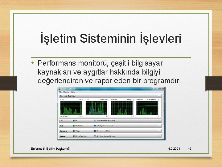 İşletim Sisteminin İşlevleri • Performans monitörü, çeşitli bilgisayar kaynakları ve aygıtlar hakkında bilgiyi değerlendiren