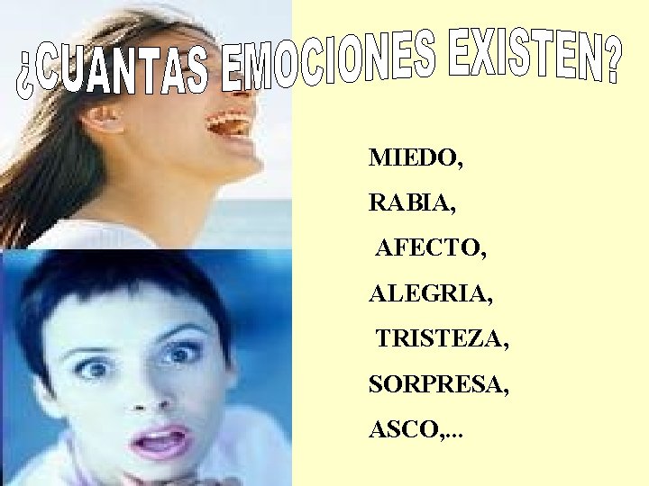 MIEDO, RABIA, AFECTO, ALEGRIA, TRISTEZA, SORPRESA, ASCO, . . . 