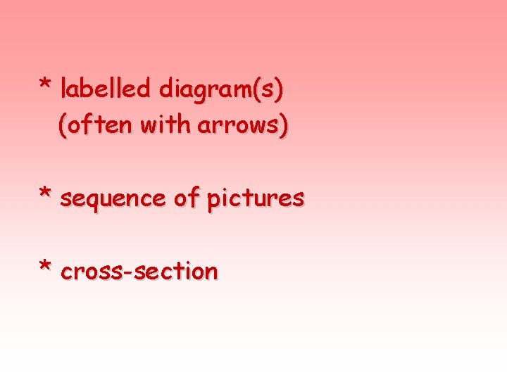 * labelled diagram(s) (often with arrows) * sequence of pictures * cross-section 