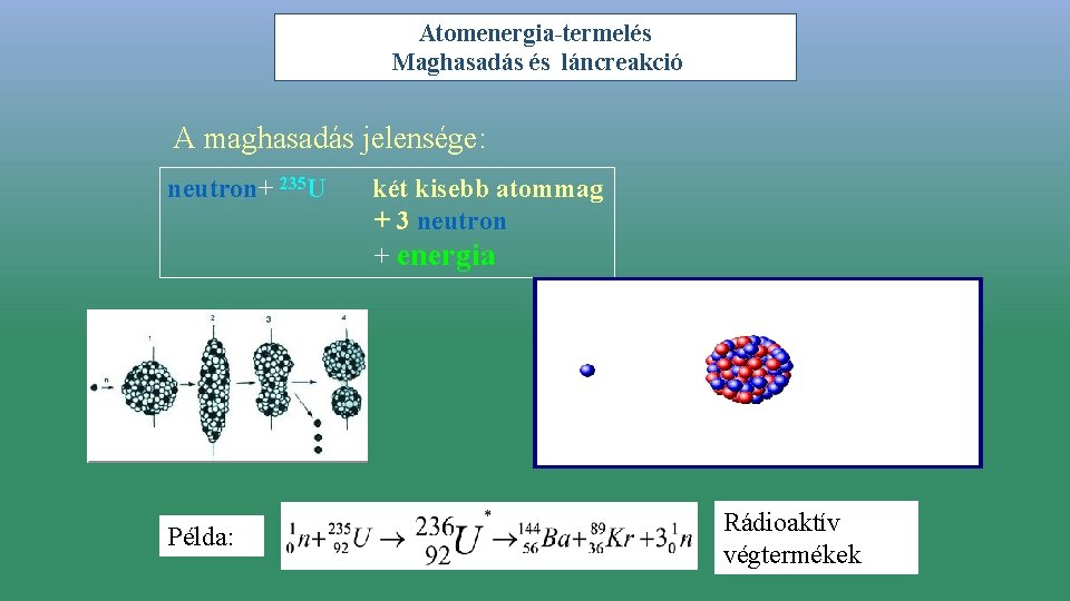 Atomenergia-termelés Maghasadás és láncreakció A maghasadás jelensége: neutron+ 235 U Példa: két kisebb atommag