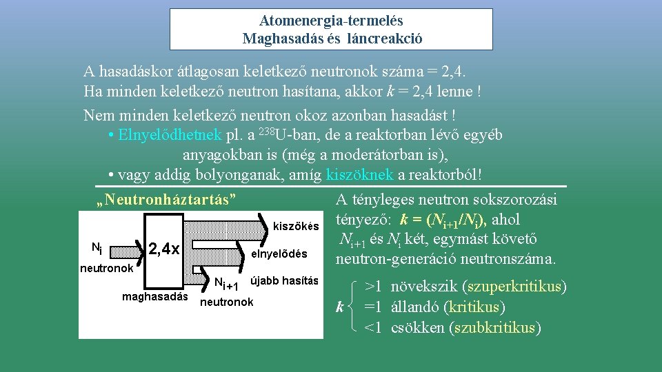 Atomenergia-termelés Maghasadás és láncreakció A hasadáskor átlagosan keletkező neutronok száma = 2, 4. Ha