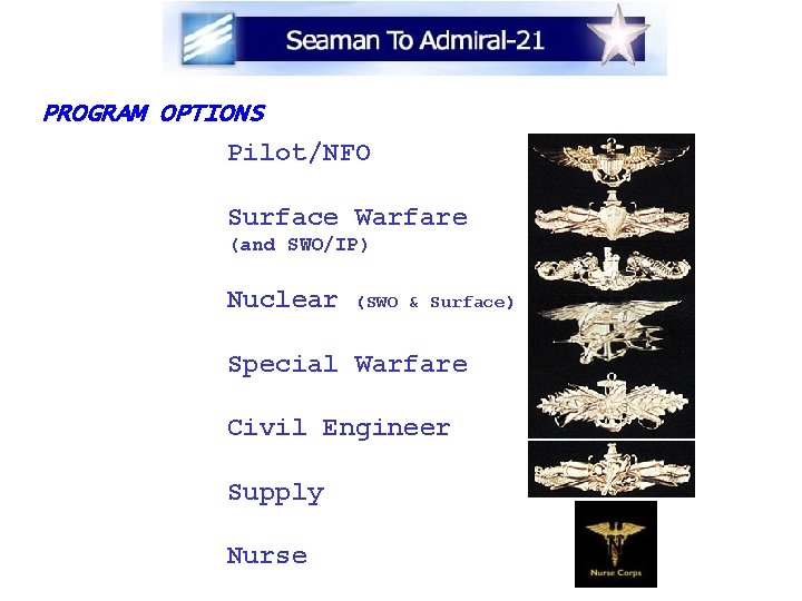 PROGRAM OPTIONS Pilot/NFO Surface Warfare (and SWO/IP) Nuclear (SWO & Surface) Special Warfare Civil