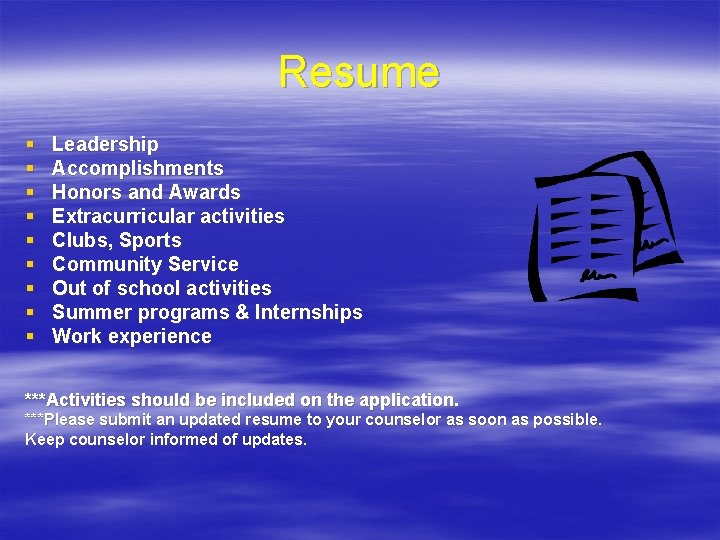 Resume § § § § § Leadership Accomplishments Honors and Awards Extracurricular activities Clubs,