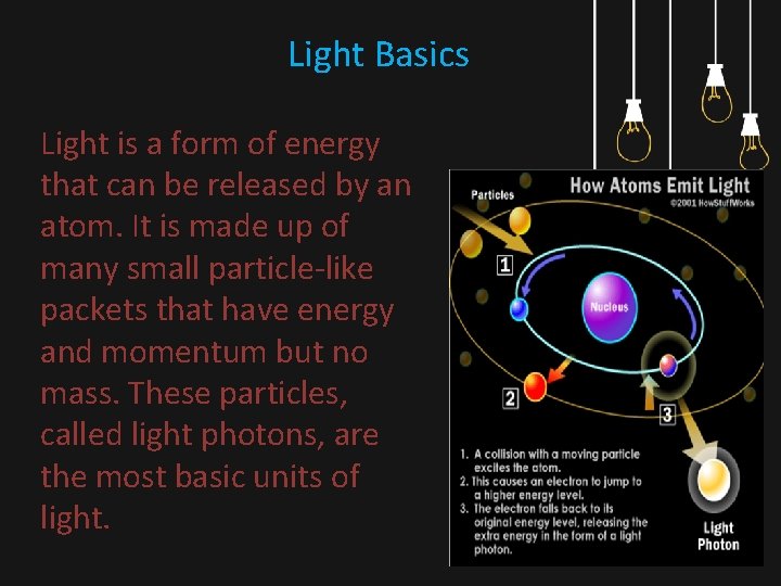 Light Basics Light is a form of energy that can be released by an
