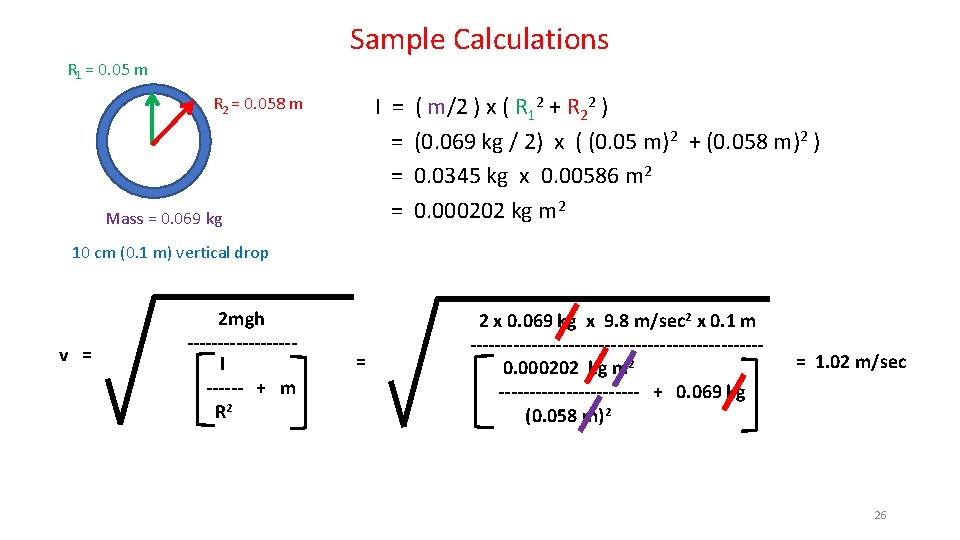 Sample Calculations R 1 = 0. 05 m I = = R 2 =