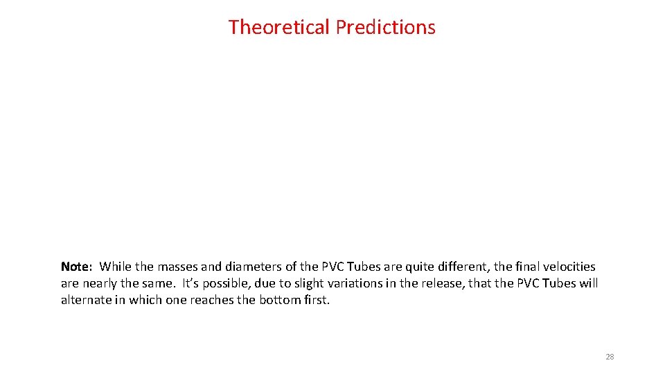 Theoretical Predictions Note: While the masses and diameters of the PVC Tubes are quite