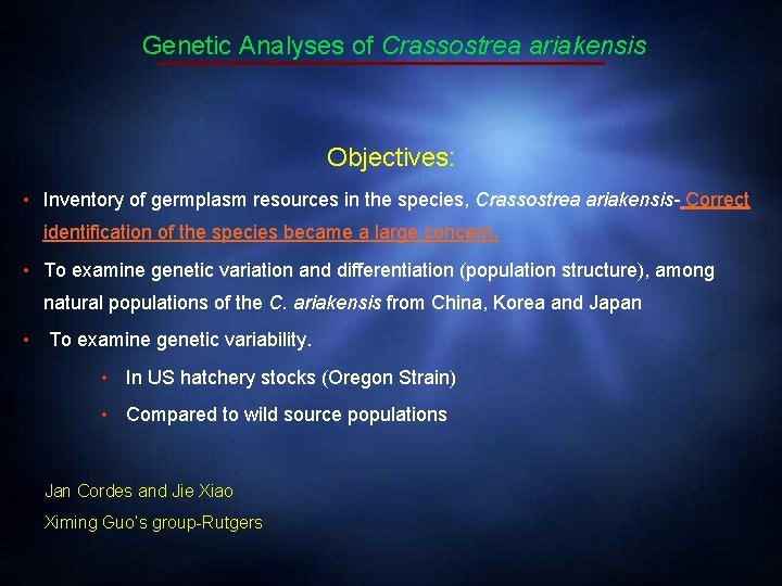 Genetic Analyses of Crassostrea ariakensis Objectives: • Inventory of germplasm resources in the species,