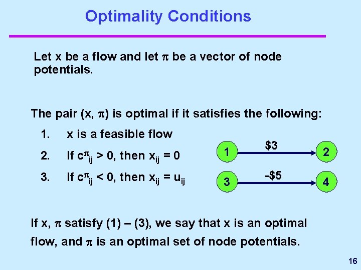 Optimality Conditions Let x be a flow and let be a vector of node