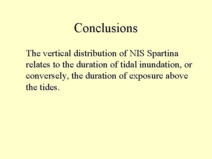 Conclusions The vertical distribution of NIS Spartina relates to the duration of tidal inundation,