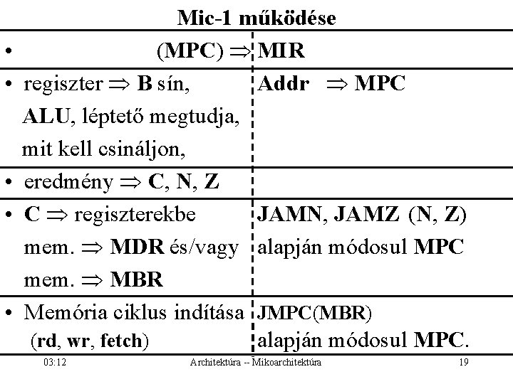 • • • Mic-1 működése (MPC) MIR regiszter B sín, Addr MPC ALU,