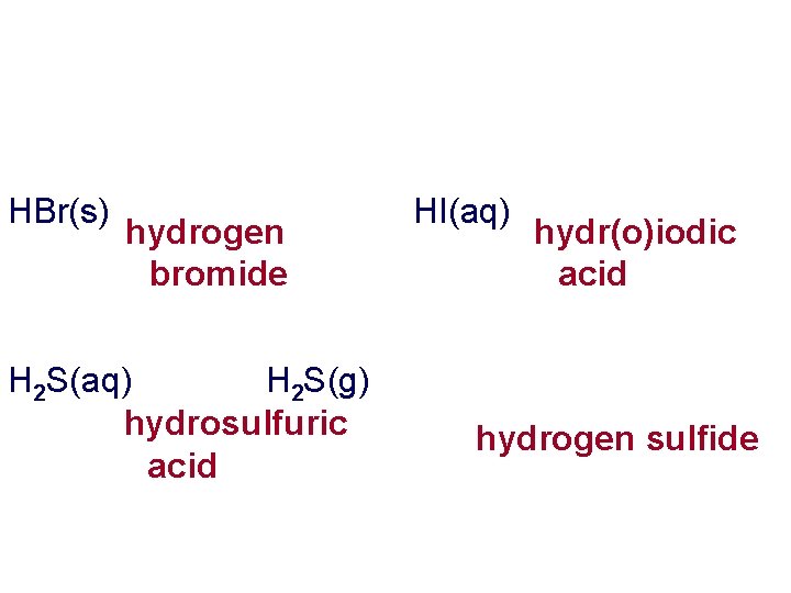 HBr(s) hydrogen bromide H 2 S(aq) H 2 S(g) hydrosulfuric acid HI(aq) hydr(o)iodic acid